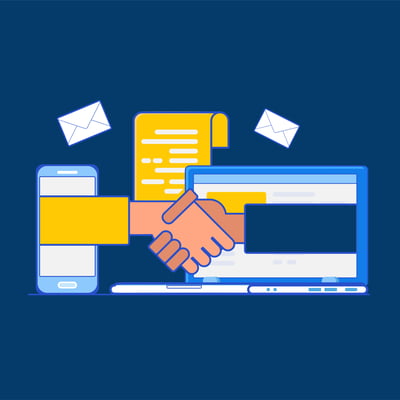 Business technologies (UCaaS and CCaaS) shaking hands, indicating that they're working togehther to simplify communication and streamline the customer experience.