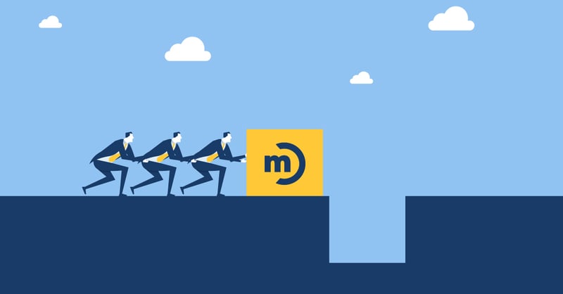 An illustration of three businessmen helping to fill a gap, representing how IT consulting services can help organizations accomplish more with less.