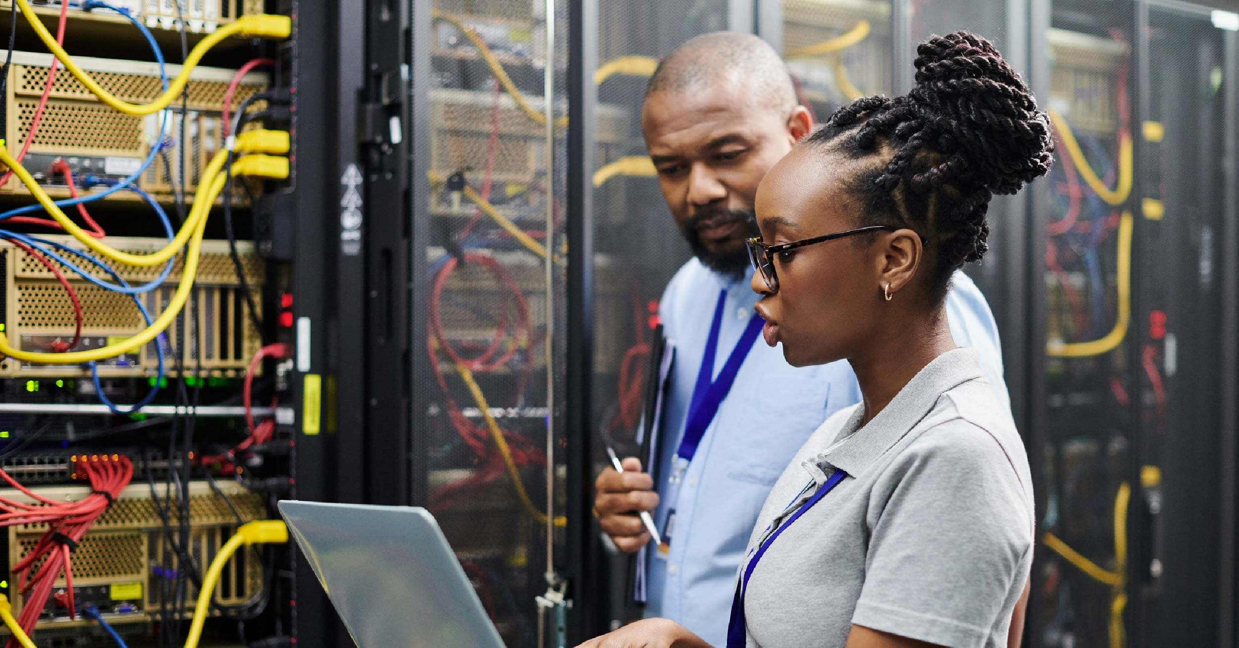 Colleagues working on server