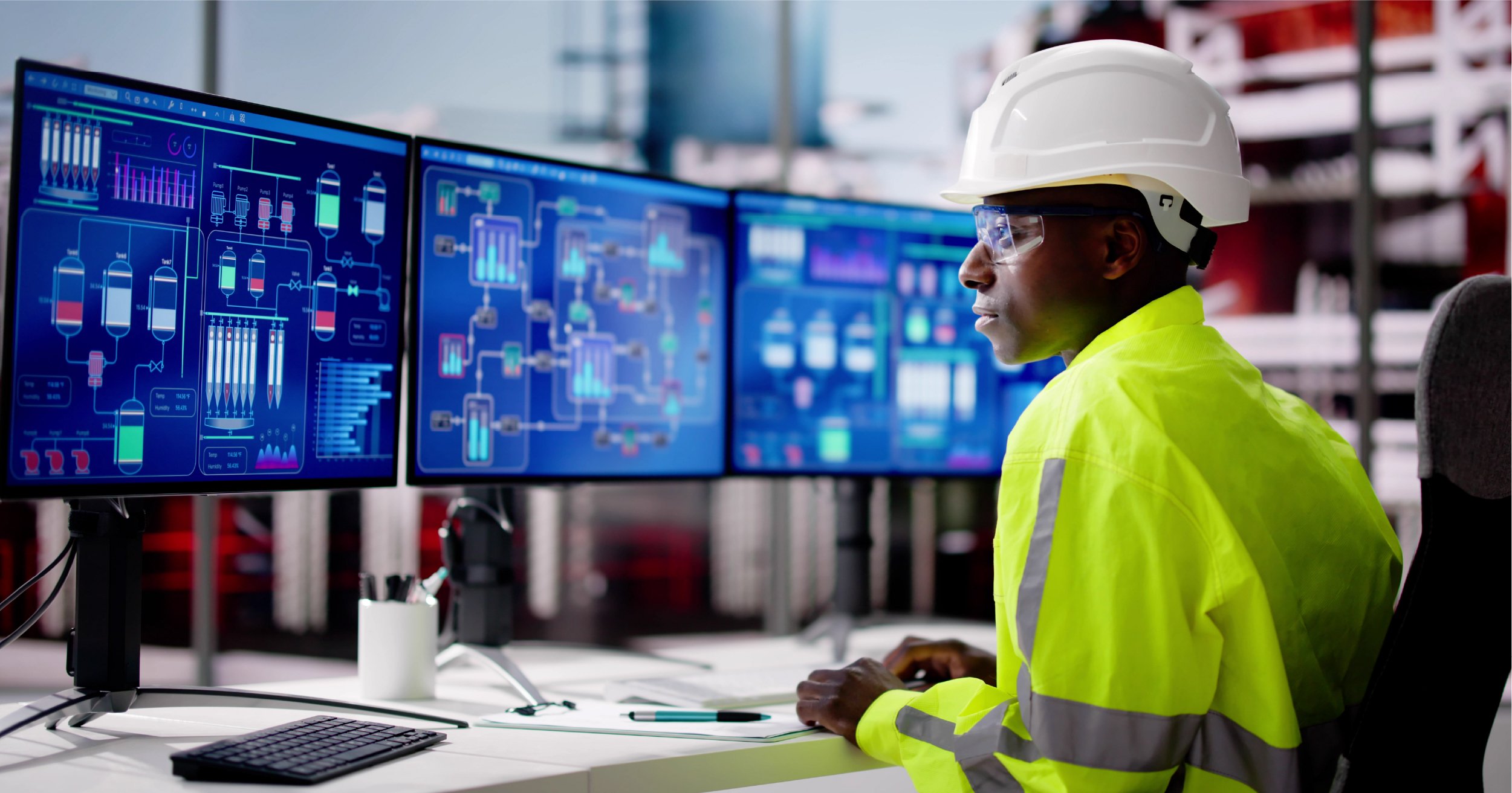 Manufacturing employee looking at data.