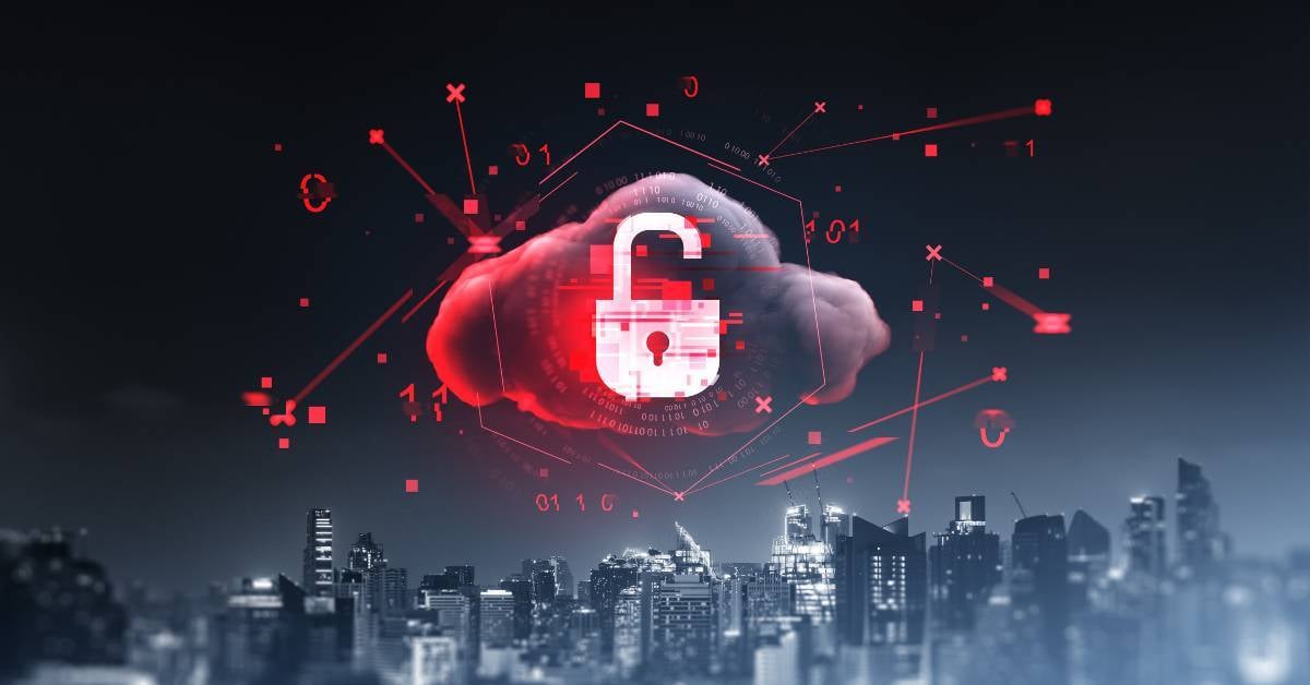 A digitized depiction of a cybersecurity-threat hovering over a US municipality