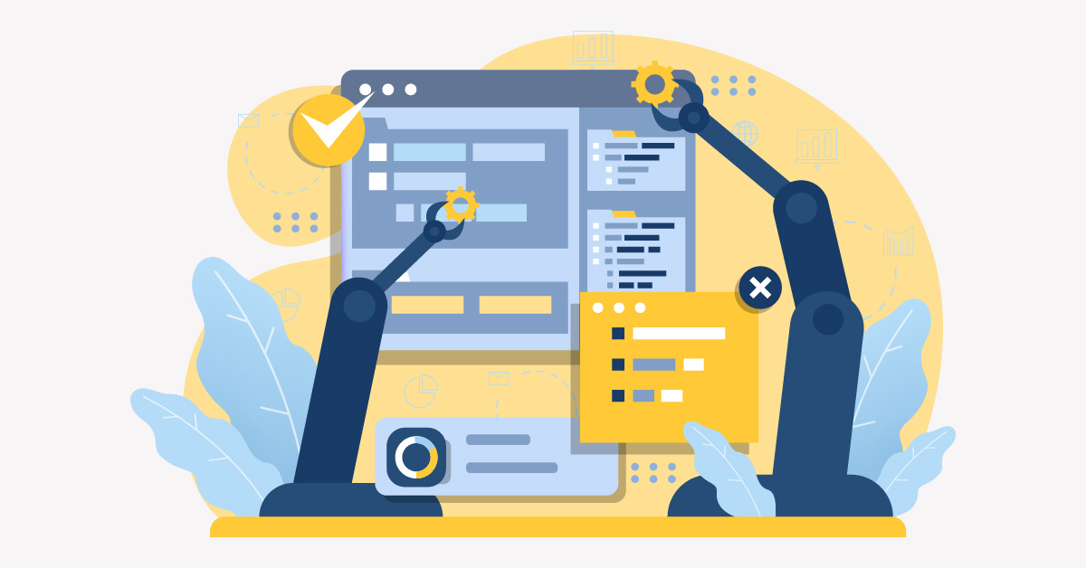 Business process automation is represented using an illustration of robotic arms turning cogs.