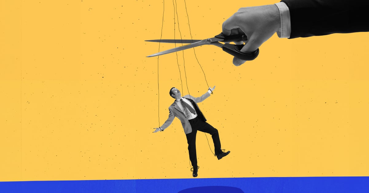 A business executive is shown cutting the strings used by cybercriminals to get employees to compromise their login credentials or initiate wire transfers.