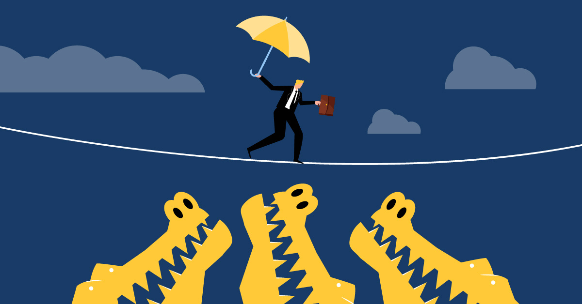 A business man carefully navigates the challenges associated with print security, depicted as hungry alligators.