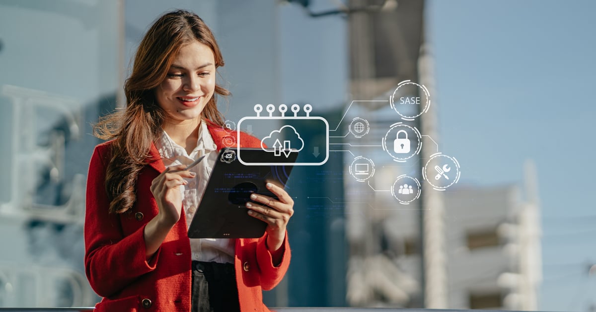 Businesswoman using tablet with cloud computing network. 