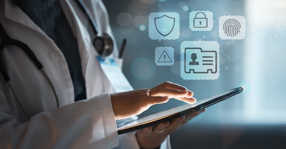 Healthcare cybersecurity digital icons over doctor's tablet. 