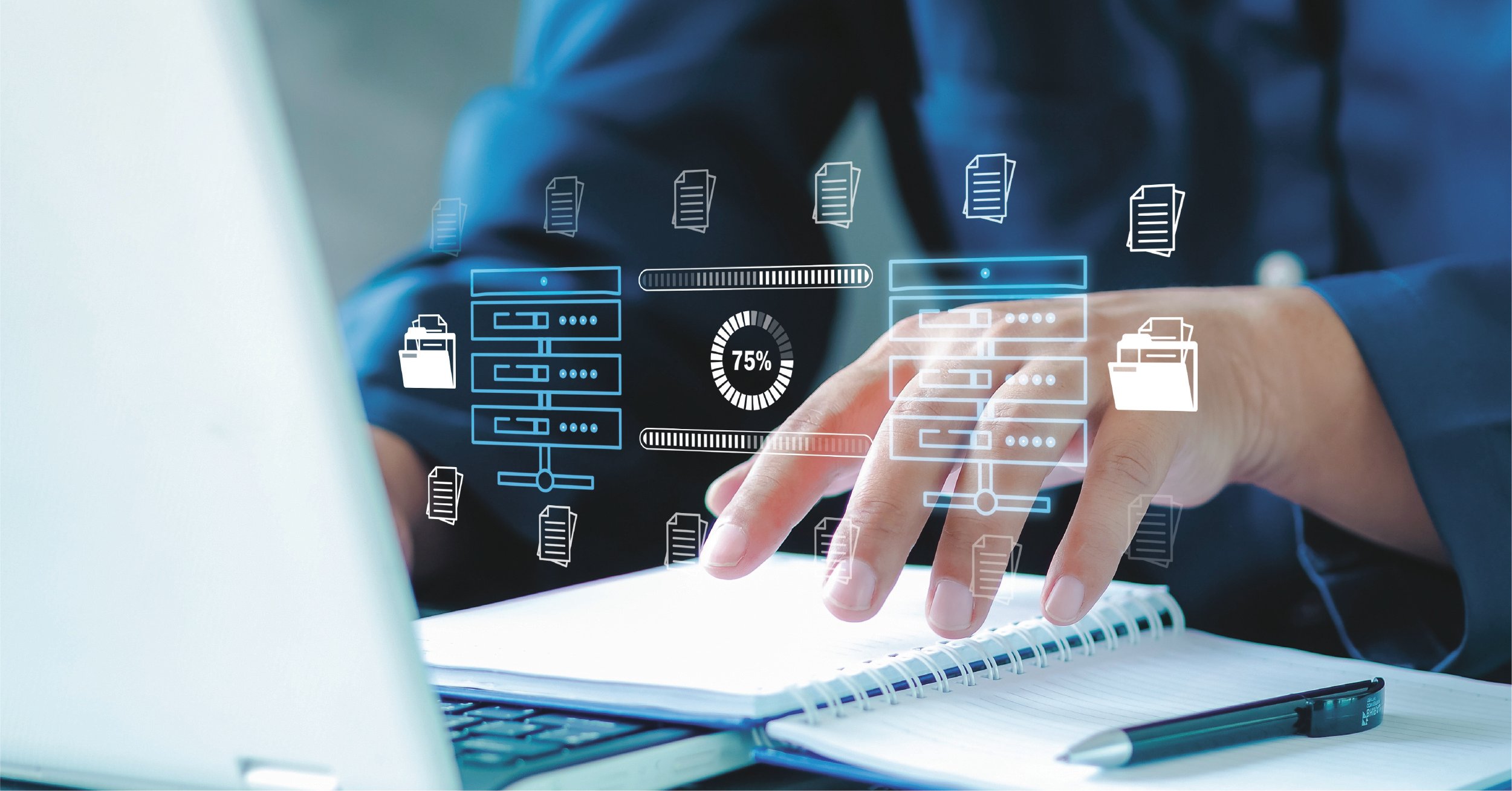 An IT employee verifies a successful cloud migration to make sure all files were transferred correctly.