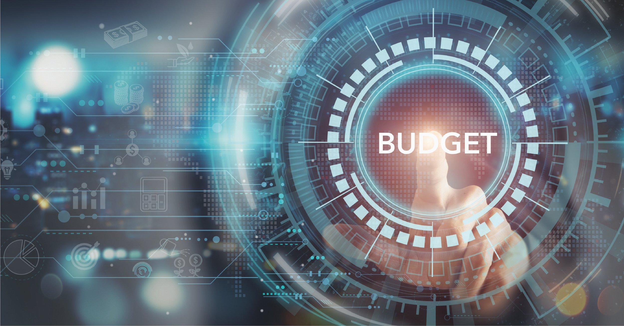 A futuristic digital budget optimization tool that a business owner just touches to use.