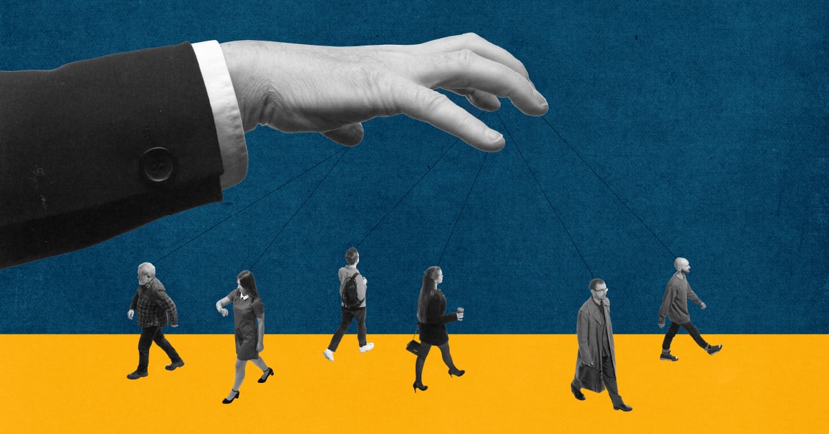 An online scammer depicted as a puppeteer is able to manipulate multiple people at the same time through social engineering.