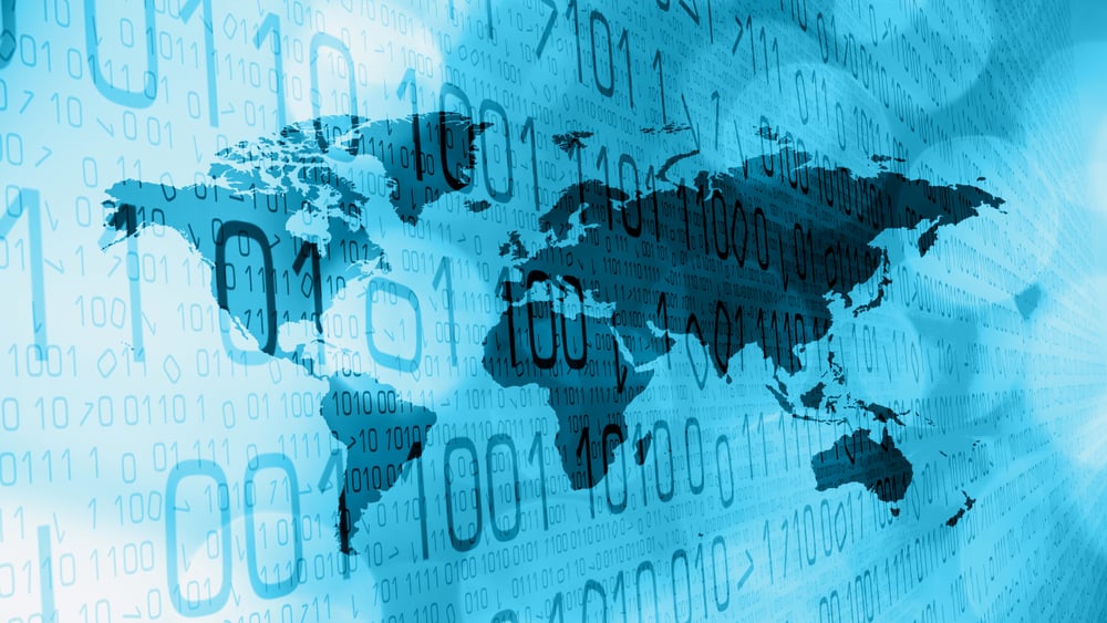 A digitized global map is dotted with ones and zeros, representing the volume of data that was recently stolen in the Infostealers data breach.