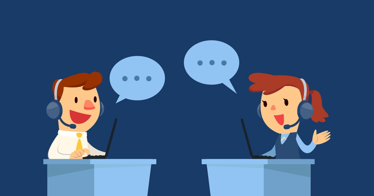 An illustration of two smiling employees communicating seamlessly using headsets