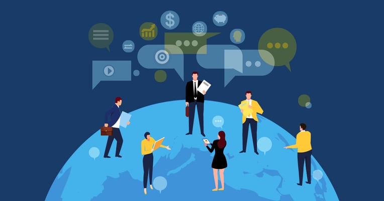 An illustration of remote workers collaborating via VoIP or UCaaS technology.