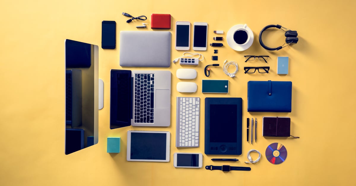 A selection of technology for business use that need lifestyle maintenance over a yellow background.
