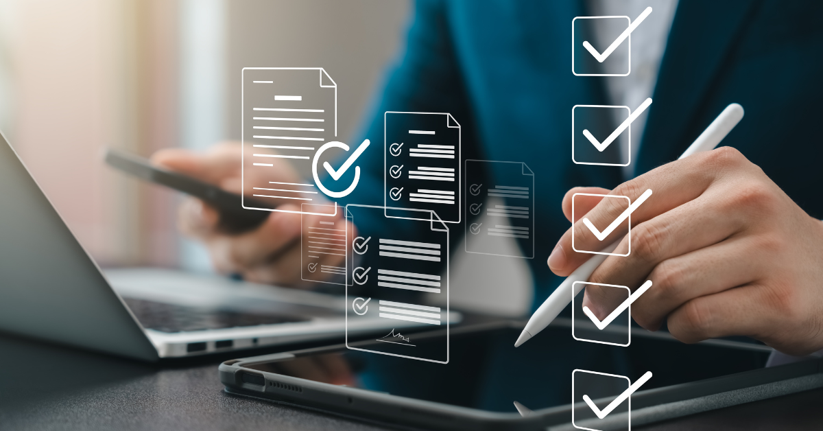 Business owner going over digitized managed print checklist. 