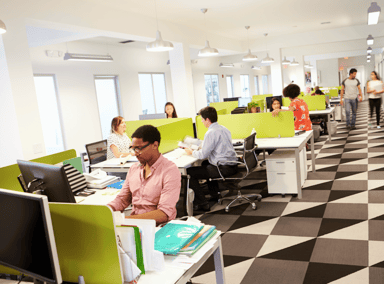 Image description: Grouping of cubicles with neon green dividers and a diverse group of individuals working at their computers and communicating.